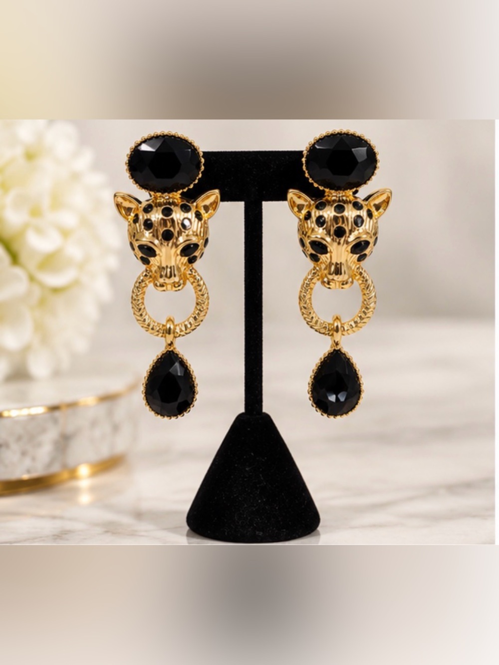 🇮🇹 Tesoro Milano Gold Leopard Black Onyx Drop Earrings